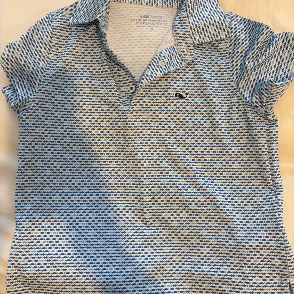 Vineyard Vines Navy and White Striped Polo with Whale Pattern
